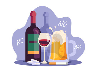 Illustration of beer, wine, pills, and cigarettes crossed out with No signs. Flat design, purple background. Concept of prohibition and healthy lifestyle. Vector illustration