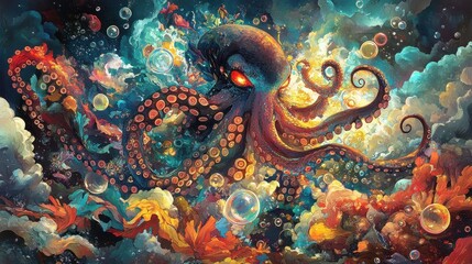 Surreal Octopus in Vibrant Ocean
