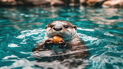 Fototapeta premium Otter Eating in Teal Water