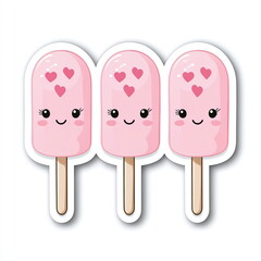 Cute pink ice cream popsicles with hearts and smiling faces arranged in a row on a light background, perfect for summer treats and desserts lovers.