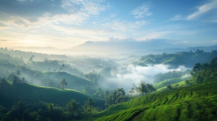 Misty Mountains Green Rice Terraces Scenic Sunrise View