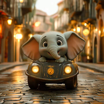 An Elephant driving small car character.