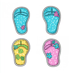 Colorful flip flops in blue, yellow, and pink with floral patterns isolated on a white background, perfect for summer beach vibes and casual footwear.