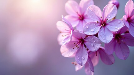 Obraz premium Delicate Pink Blossoms Glistening with Morning Dew, a Close-Up View of Nature's Beauty