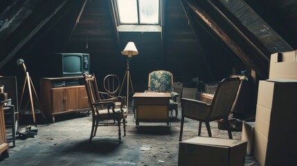 House attic at night, storage of old furniture under roof of residential building. Vector cartoon interior of dark attic room with vintage chairs, table, tv, floor lamp and cardboard boxes