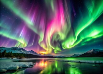 Ethereal Aurora Borealis: Vibrant Green & Pink Northern Lights Swirls