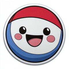 Naklejka premium Happy cartoon character with a round shape, large eyes, pink cheeks, blue and red accents, smiling face, fun design, suitable for children and playful themes.