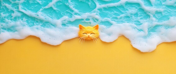 Fototapeta premium Adorable Cat Face in Turquoise Ocean Waves on Yellow Sandy Beach