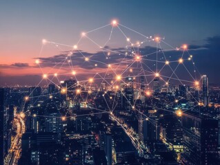 Fototapeta premium Illuminated circuit network connecting urban skyline at dusk digital art cityscape aerial view