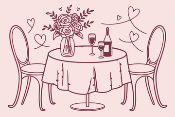 Pink sketch, romantic table setting, floral centerpiece, round table, polka dot tablecloth, elegant chairs, wine bottles, intimate dining, vintage style, delicate linework, monochromatic illustration,