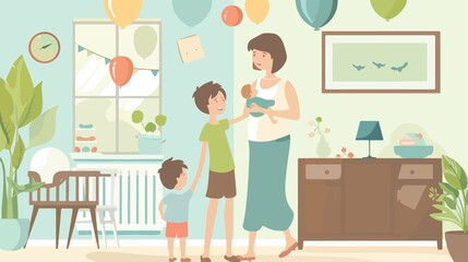 Sweet Baby Shower Moment with Mom and Son Flat Vector Illustration
