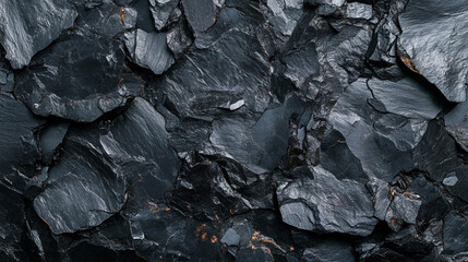 Dark slate rock formation with textured surfaces and varied shapes in natural setting