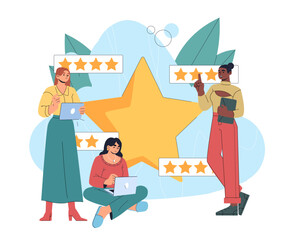 Three diverse individuals with laptops and tablets discussing five-star ratings. Bright flat style with a large star in the background. Concept of feedback. Vector illustration.