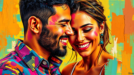 Obraz premium Vibrant pop art portrait, smiling couple in love, colorful abstract background, close-up facial features, bold brushstrokes, neon colors, intimate moment, joyful expression, contemporary art style, te