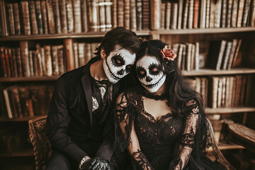 Elegant Gothic Couple with Sugar Skull Makeup in a Candlelit Baroque Setting for a Mysterious and Romantic Day of the Dead Celebration