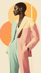 Fototapeta premium A modern fashion poster with a model in a pastel suit and clean lines, exuding minimalistic elegance.