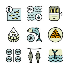 Fish farm icons set. Simple set of fish farm vector icons isolated on white background