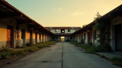 Obraz premium Serene Sunset Over Abandoned Row of Buildings, Weathered Facades and Overgrown Pathway
