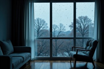 Fototapeta premium Serene indoor scene featuring a comfortable couch and armchair positioned near a large window overlooking a rain-swept landscape of bare trees
