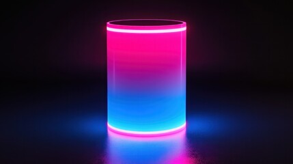 A radiant 3D neon cylinder with glowing pink and blue accents, suspended in a futuristic dark environment.