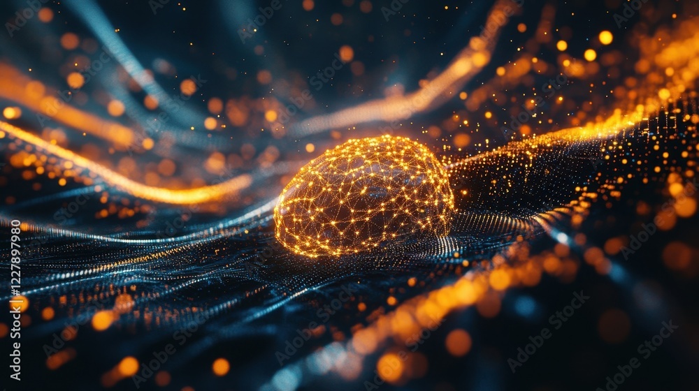 Poster plexus style digital sphere is glowing orange and floating over a dynamic blue and orange wave surfa