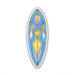 Colorful surfboard design featuring waves and abstract patterns in shades of blue, yellow, and pink against a white background that enhances its vibrant appearance.
