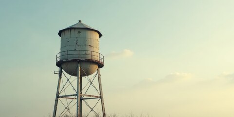 Rustic water tower standing tall against a serene pastel sky, a timeless symbol of community infrastructure and resilience.