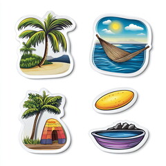 Tropical stickers featuring palm trees, hammock, sunrise over water, mango, and colorful boat on a beach-inspired background with vibrant colors and summer vibes.