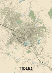 A detailed map of Tirana, Albania, showcasing the city's street network, major roads, and surrounding landscape. The map is rendered in a minimalist style with a cream background.