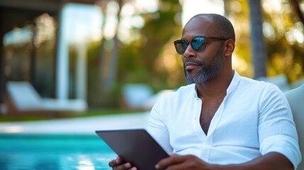 Relaxed Man by the Poolside, Enjoying a Tablet
