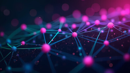 Abstract neural network art with glowing nodes and luminous connections in purple, lime green, and electric blue. Dark futuristic background symbolizing AI and predictive analysis in trading. Perfect 