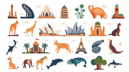 Australia Animal Things Famous Sites Icons Set on White Background