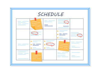 Illustration of a weekly schedule board with sticky notes pinned on various days. Minimalist design on a white background. Concept of planning and organization. Vector illustration.