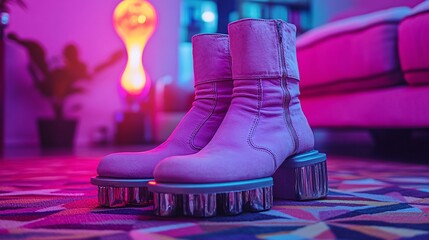 stylish pink platform boots in neon lighting