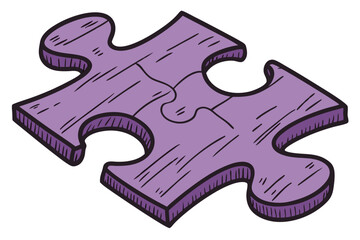 Purple jigsaw puzzle piece, vibrant violet color, single puzzle piece, textured surface, detailed wood grain, close-up photography, crisp edges, isolated on white background, 3D rendering, high contra