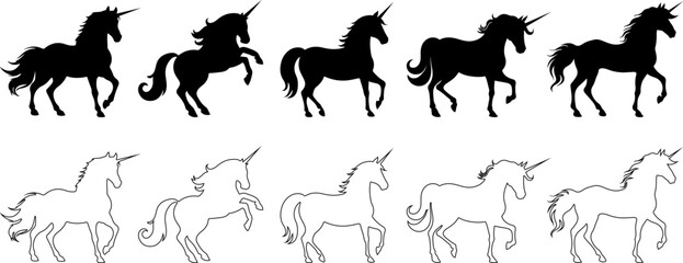 Collection of Unicorns Silhouettes and line art.