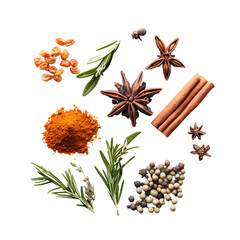 Assorted spices herbs seasoning cooking isolated on transparent background