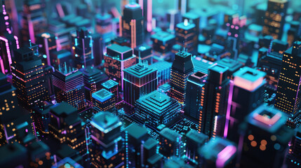 Fototapeta premium A futuristic cityscape at night, illuminated by neon lights and glowing skyscrapers.