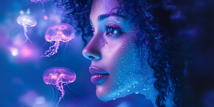 Ethereal jellyfish woman portrait art, Underwater fantasy scene with dreamy glow, Bioluminescent aquatic beauty, Surreal ocean vibes