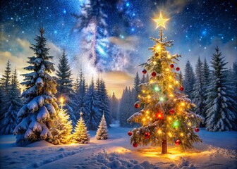 Festive Christmas Double Exposure: Sparkling Tree & Winter Forest Night