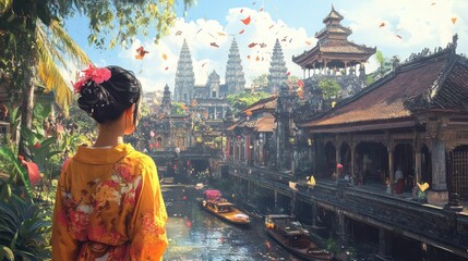 Fototapeta premium Serene Asian Temple Reflections: A Woman in Kimono Contemplates Tranquil Canal