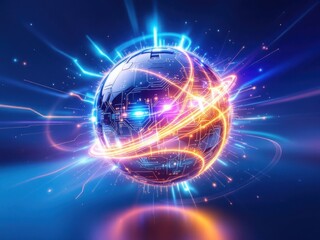 Obraz premium Futuristic Digital Globe with Neon Light Trails
