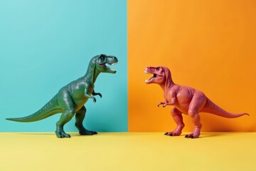 Obraz premium Playful Prehistoric Pair Two vibrant plastic dinosaurs face off against a backdrop of contrasting colors, creating a visually striking scene perfect for various applications.