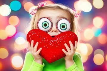 Fototapeta premium Sign of love. Commercial ad creative graphic design. Ð¡hildren valentine's day greeting card: toddler girl with begging eyes face holds red heart in hands. Child with heart. Love and happiness.