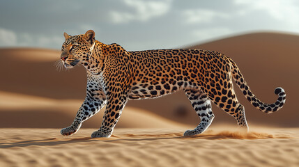 Arabian leopard walking through the desert under cloudy sky