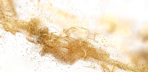 Golden sparkles and glitter explosion. Luxury, elegant texture for design. Festive background.