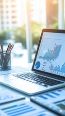 Financial Data Analysis on Laptop, Business Charts and Graphs on Screen, Office Workplace