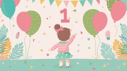 Adorable Baby Girl Celebrating First Birthday in Flat Vector Illustration