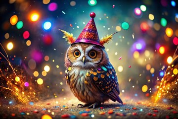 Naklejka premium Festive Owl Party: Sparkling Confetti Celebration Stock Photo