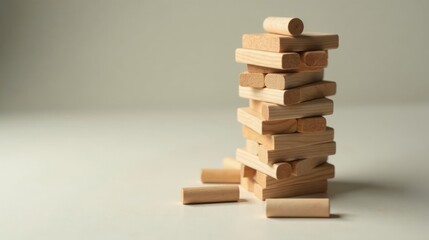 A precarious tower of wooden blocks, delicately balanced, suggests a challenge of strategy and risk management, requiring careful planning and precise execution to avoid collapse.